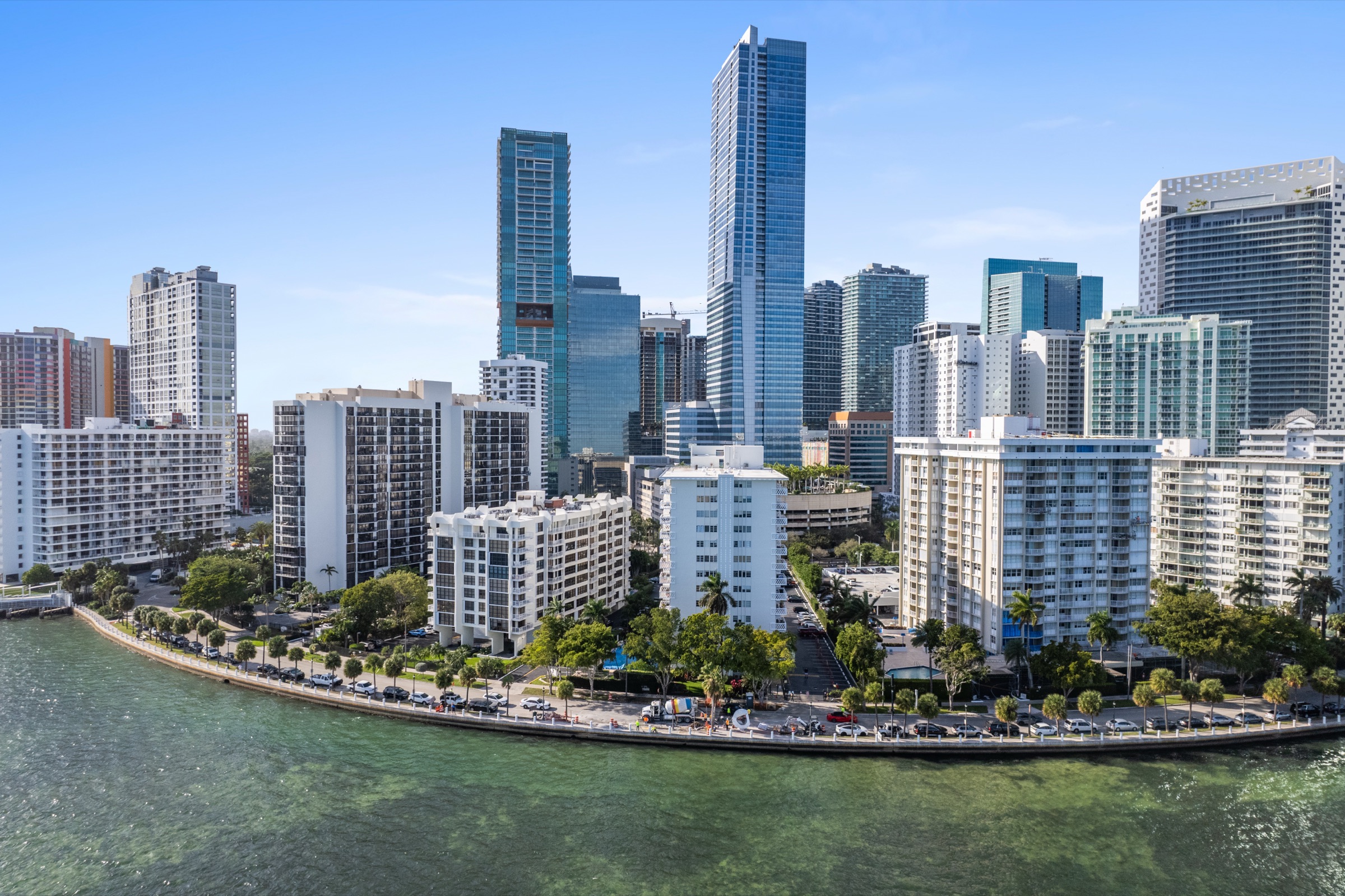 Aerial view of the Brickell skyline along Biscayne Bay